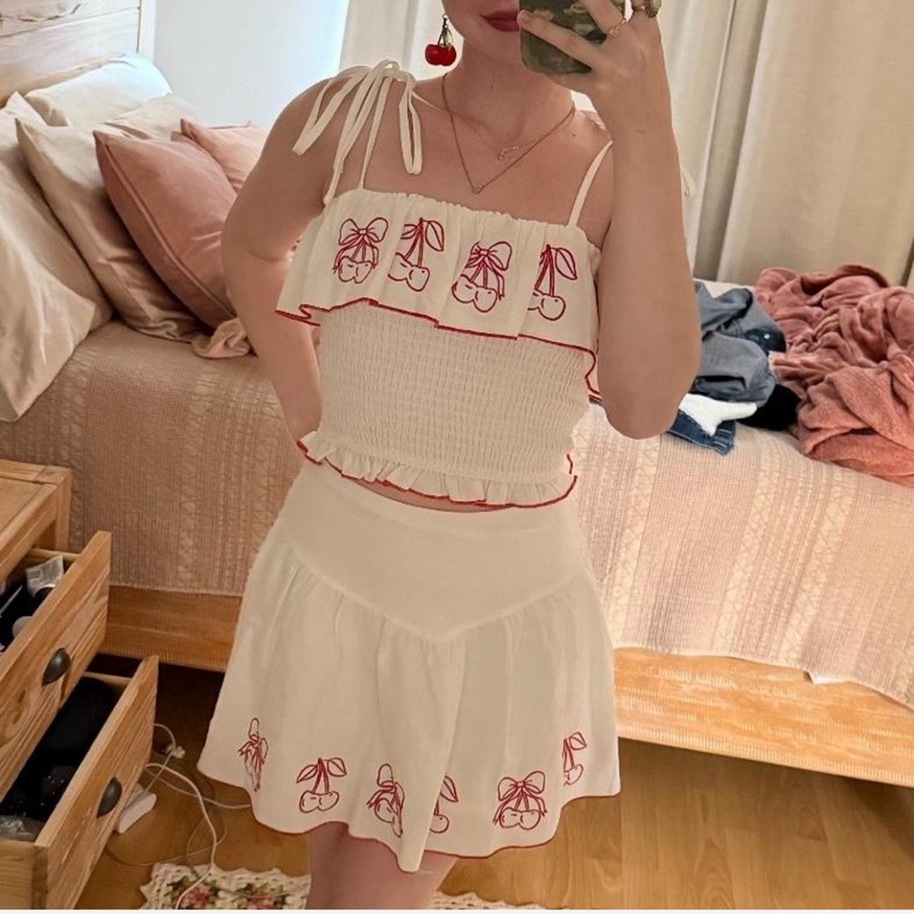 White and Red Cherry Embroidered Two-Piece Set